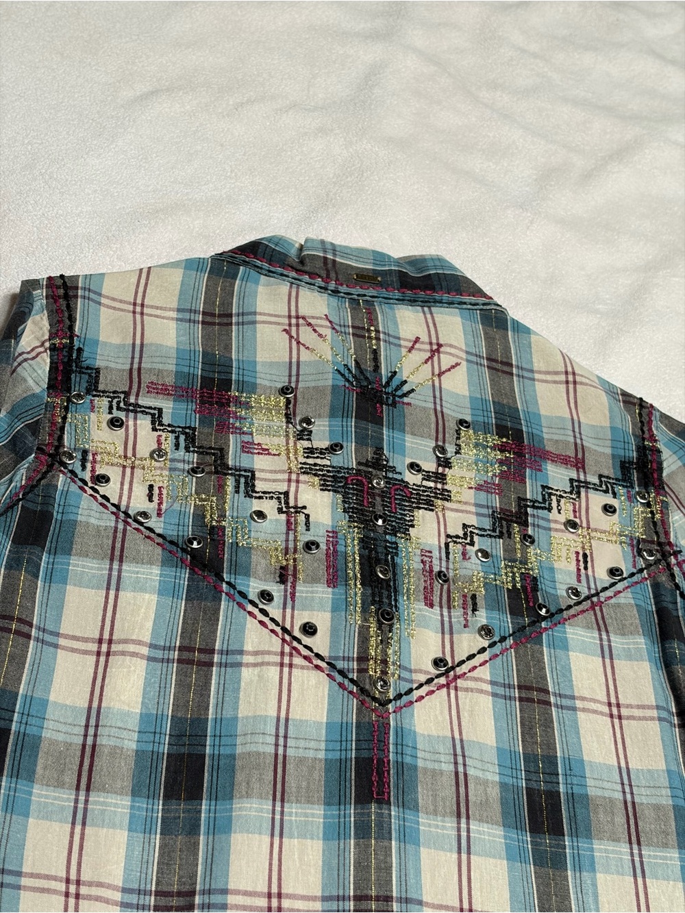 Embellished Plaid Snap-Front Western Shirt in Blue with Cream - Picture 13 of 14